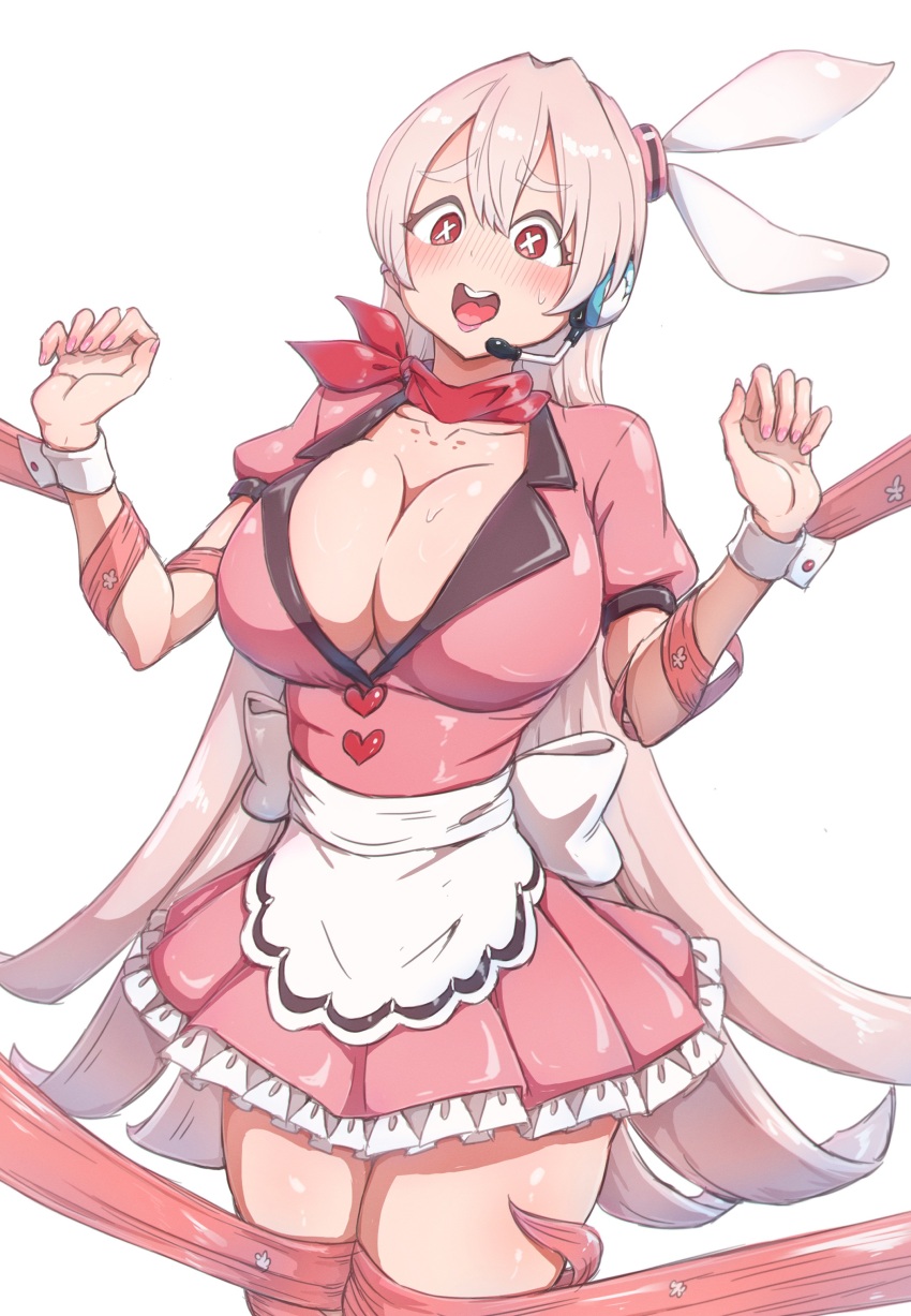 1girl, absurdres, arms_up, blush, breasts, character_request, cleavage, collarbone