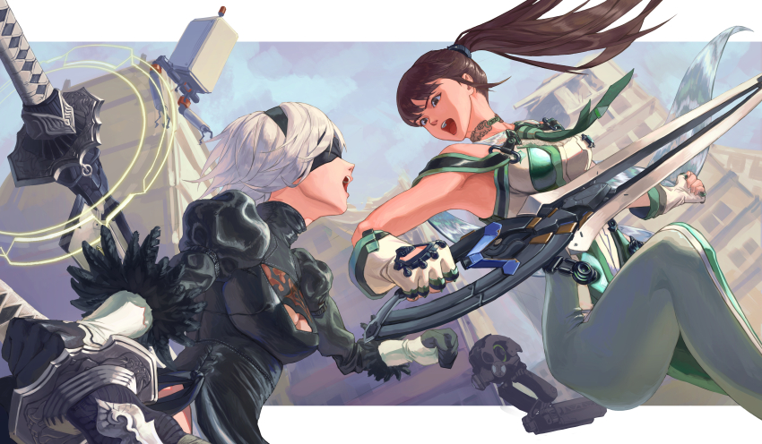 2b_(nier:automata), 2girls, absurdres, black_hair, black_hairband, blindfold, blunt_bangs, bodysuit