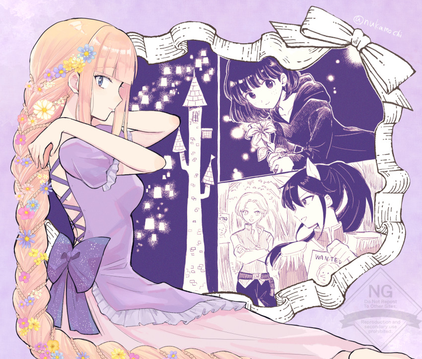 4girls, absurdly_long_hair, black_hair, blonde_hair, blunt_bangs, braid, breasts, buttons