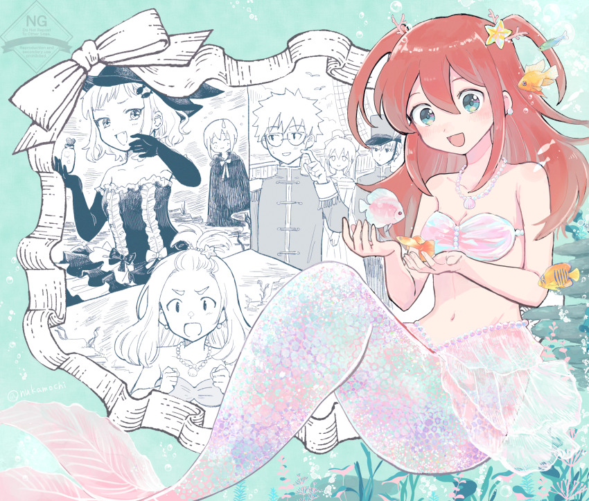 3boys, 4girls, :d, air_bubble, andersen's_fairy_tales, animal, bangs_pinned_back, bare_shoulders