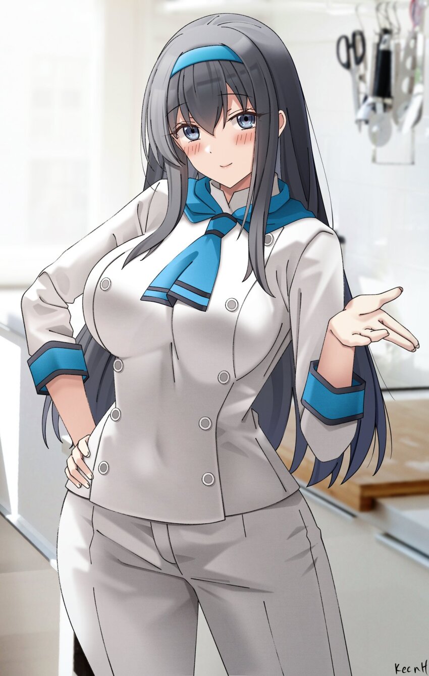 1girl, abe_shihoko_(rc_f), black_hair, blue_hairband, blue_neckerchief, blurry, blurry_background, blush, breasts, chef, closed_mouth, commentary_request, hair_between_eyes, hairband, hand_on_own_hip, highres, indoors, keenh, kitchen, large_breasts, long_hair, long_sleeves, looking_at_viewer, neckerchief, original, pants, scissors, shirt, sidelocks, signature, smile, solo, standing, table, very_long_hair, white_pants, white_shirt