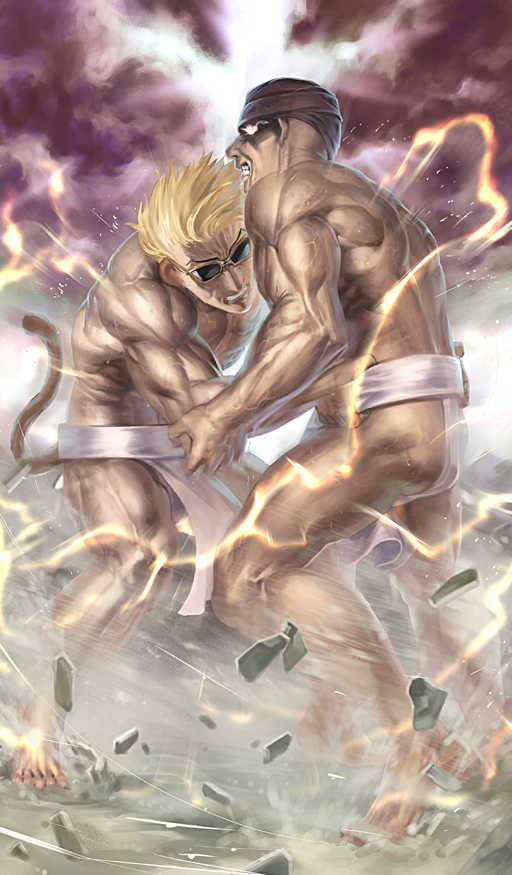 2boys, barefoot, blonde_hair, brown_hat, clenched_teeth, commentary, fate/grand_order, fate_(series)