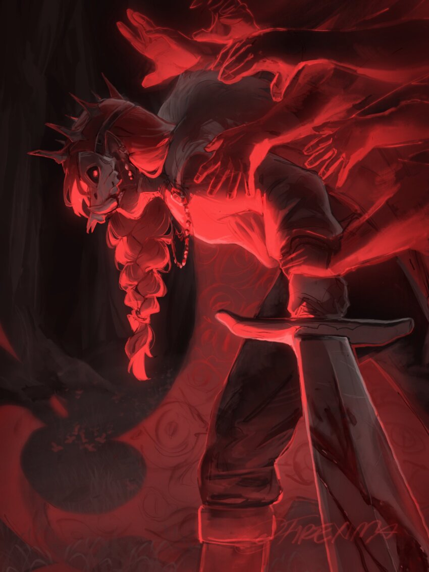 1boy, 6+others, absurdres, blood, braid, cape, commentary, crown, english_commentary, firexima, highres, holding, holding_sword, holding_weapon, humanization, jewelry, long_hair, long_sleeves, looking_at_viewer, male_focus, mask, minecraft_youtube, multiple_others, necklace, out_of_frame, painterly, red_theme, single_braid, skull_mask, solo_focus, standing, sword, technoblade, weapon