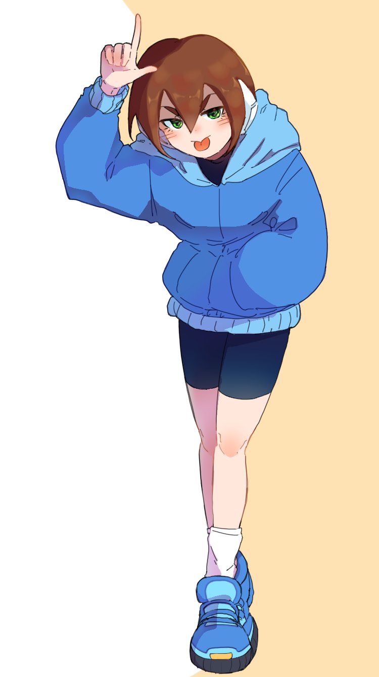 1girl, aile_(mega_man_zx), alternate_costume, black_shorts, blue_jacket, brown_hair, full_body, ghosty_entity