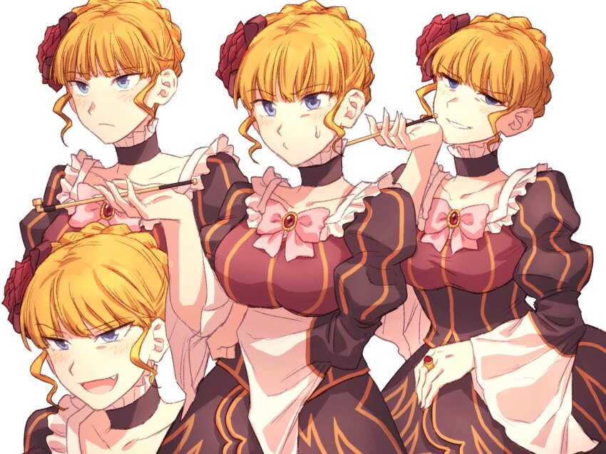 1girl, beatrice_(umineko), blonde_hair, blue_eyes, bow, choker, collarbone, dress, fang, flower, frilled_choker, frilled_dress, frills, hair_flower, hair_ornament, highres, hswoimuxk0pwr0h_(bbdan), jewelry, juliet_sleeves, kiseru, long_sleeves, multiple_views, necktie, pink_bow, pink_necktie, puffy_sleeves, ring, rose, smoking_pipe, striped_clothes, umineko_no_naku_koro_ni, vertical-striped_clothes