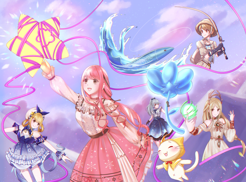 5girls, ^_^, absurdres, ahoge, animal, back_bow, bare_shoulders, belt