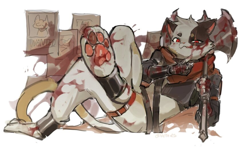 1boy, :3, animal_ears, animal_feet, animification, axe, blood, cat_boy