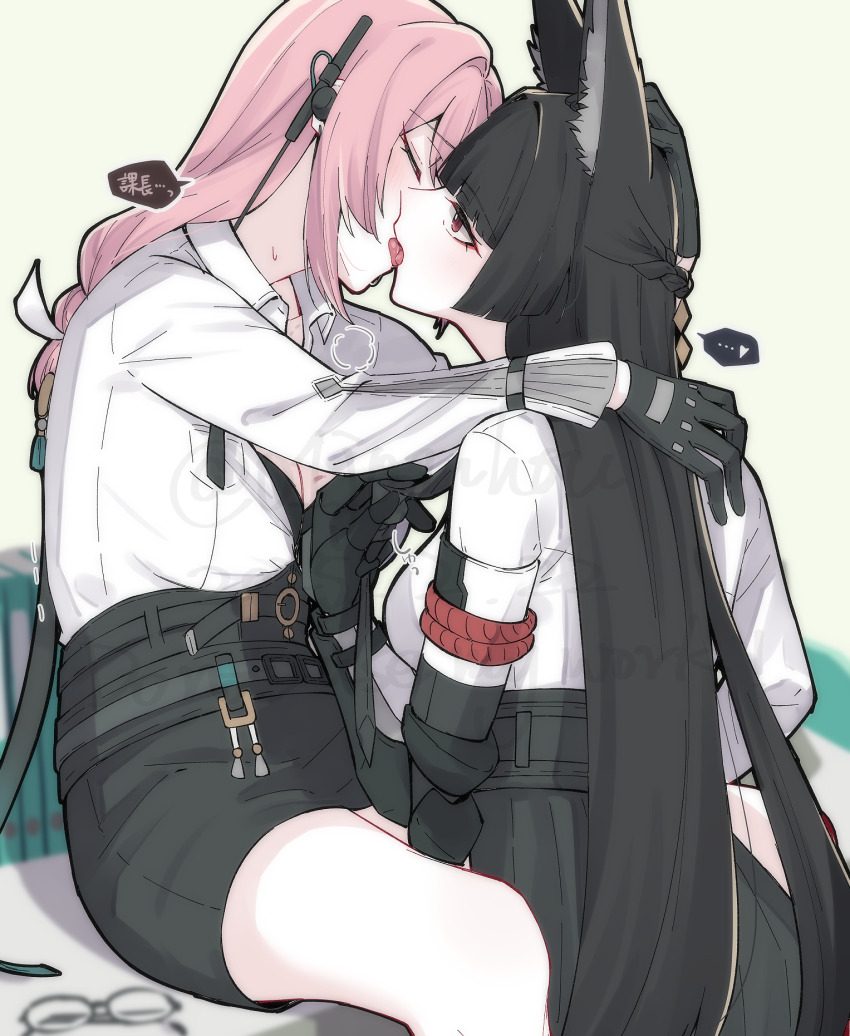 2girls, animal_ear_fluff, animal_ears, black_gloves, black_hair, black_skirt, blunt_bangs, blush