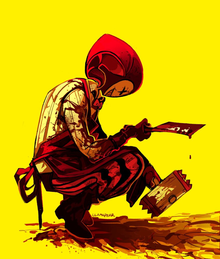 1boy, blood, blood_on_clothes, blood_splatter, cleaver, clown, clownpierce, commentary, copyright_request, demon, demon_boy, english_commentary, from_side, full_body, grin, hammer, highres, holding, holding_hammer, holding_knife, horns, knife, llama_pear, long_sleeves, male_focus, mask, minecraft_youtube, monster_boy, pants, shirt, shoes, simple_background, smile, solo, squatting, yellow_background