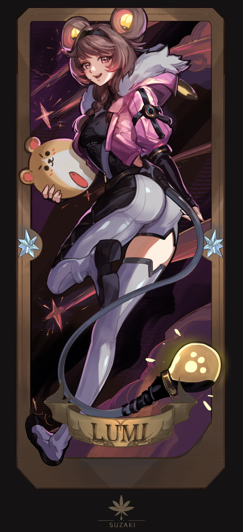 1girl, absurdres, artist_logo, ass, black_hairband, black_shirt, boots, braid