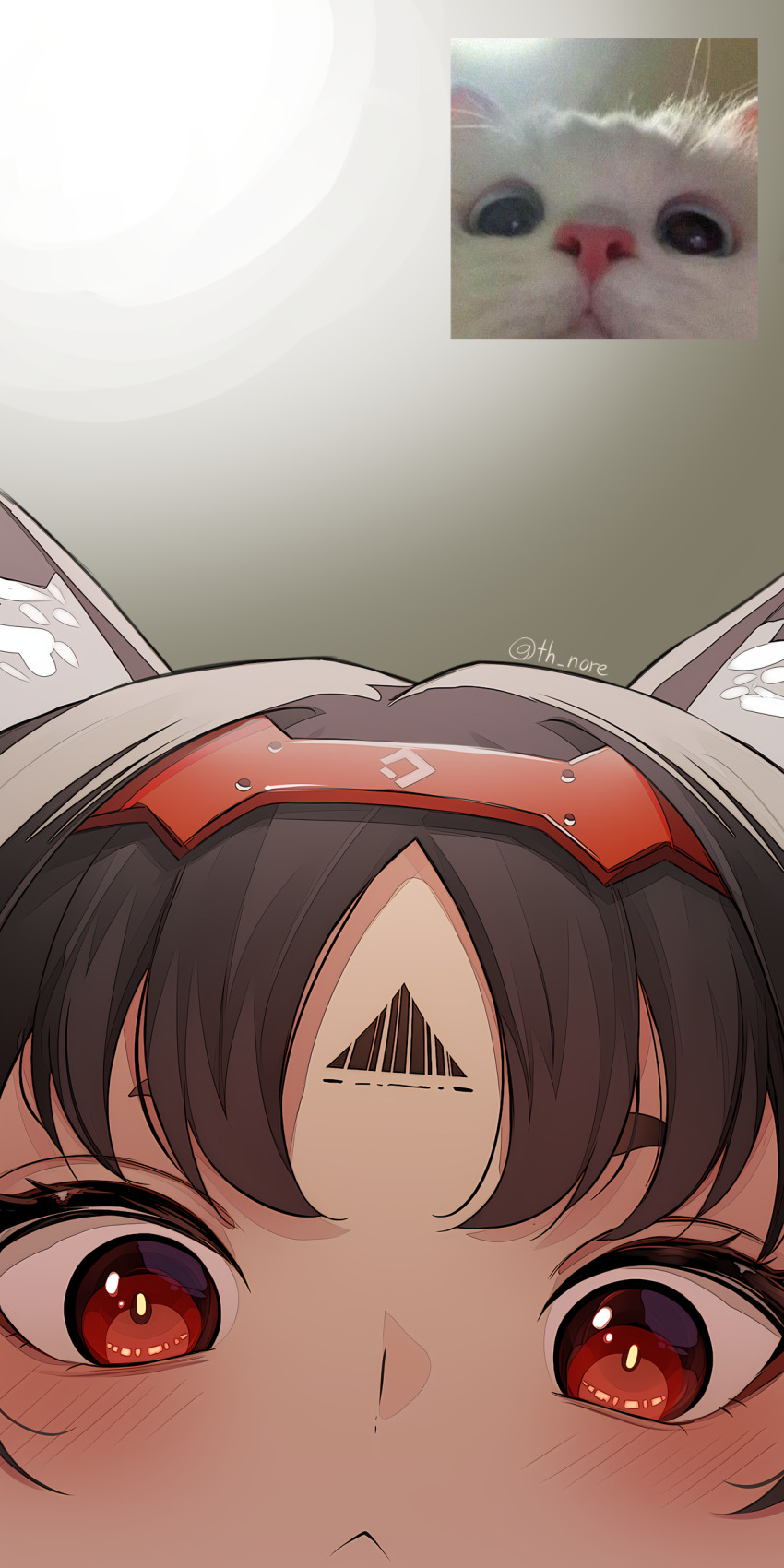 1girl, :<, absurdres, animal_ears, barcode, barcode_tattoo, black_hair, cat_ears, cat_girl, dark_skin, forehead_tattoo, hairband, highres, looking_at_viewer, looking_down, nekomiya_mana, nore_th, orange_eyes, photo-referenced, reference_inset, solo, tattoo, zenless_zone_zero