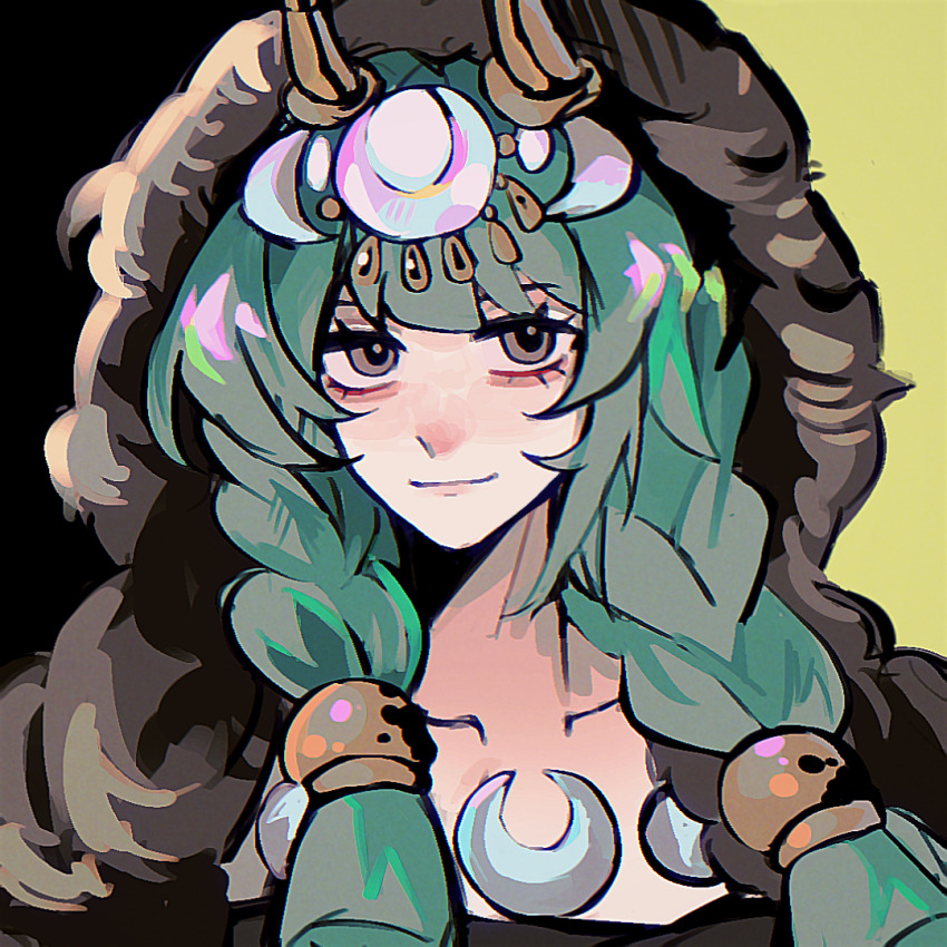 1girl, artemis_(hades), braid, chromatic_aberration, closed_mouth, collarbone, commentary, crescent, eyelashes, green_hair, grey_eyes, hades_(series), hades_2, hood, hood_up, long_hair, looking_at_viewer, mao_mao_lai_lou, portrait, simple_background, smile, solo, twin_braids, two-tone_background
