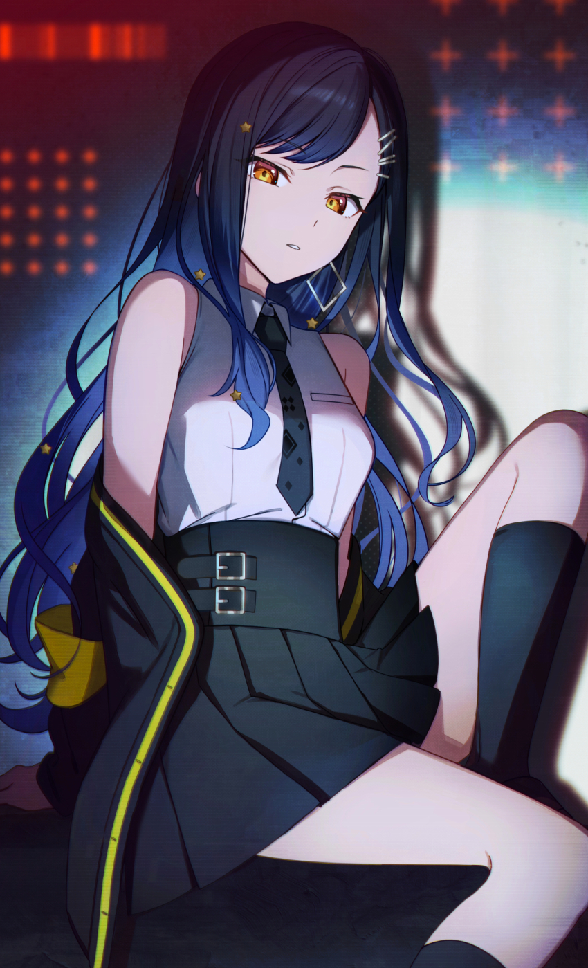 1girl, black_hair, black_jacket, black_skirt, black_socks, blue_hair, egoist_(vocaloid), gradient_hair