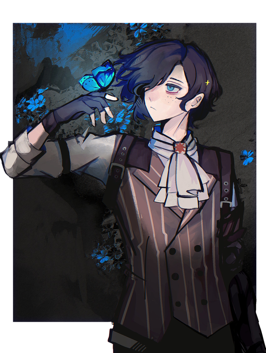 1boy, :/, ascot, black_gloves, black_hair, blue_eyes, blue_flower, brown_vest