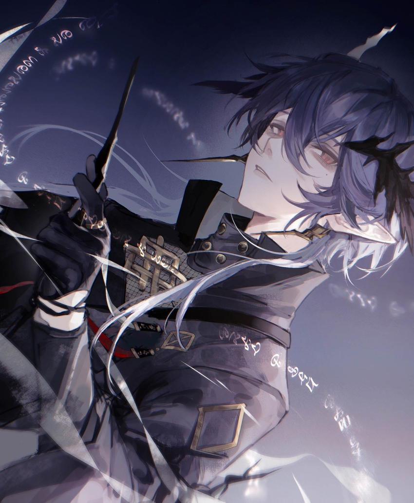 1boy, arknights, black_gloves, black_jacket, brown_eyes, chinese_commentary, commentary_request, gloves