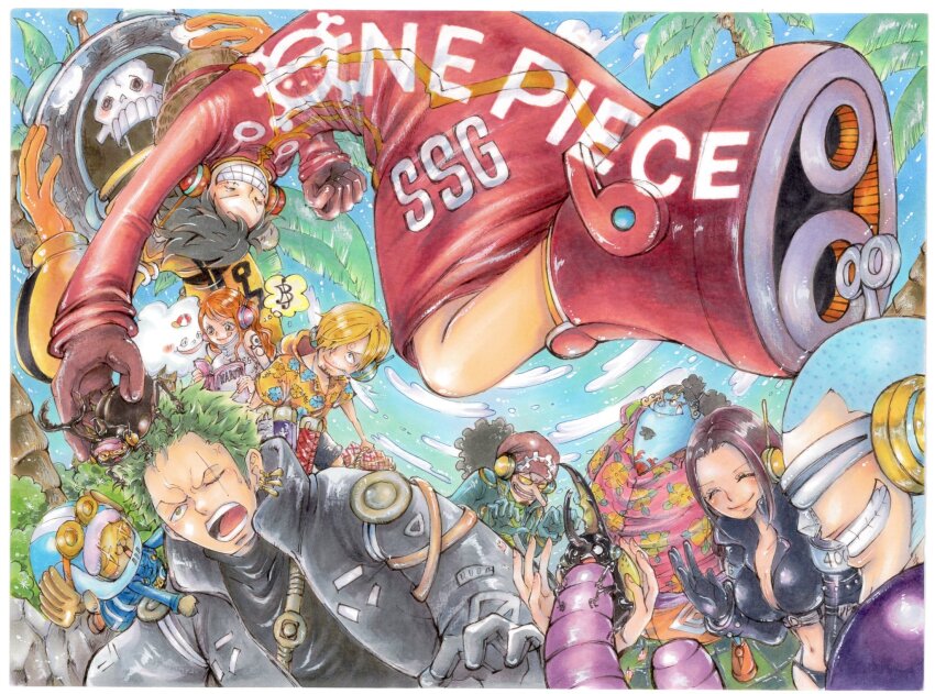 2girls, 6+boys, ^_^, arm_tattoo, black_hair, blonde_hair, blue_coat, blue_hair