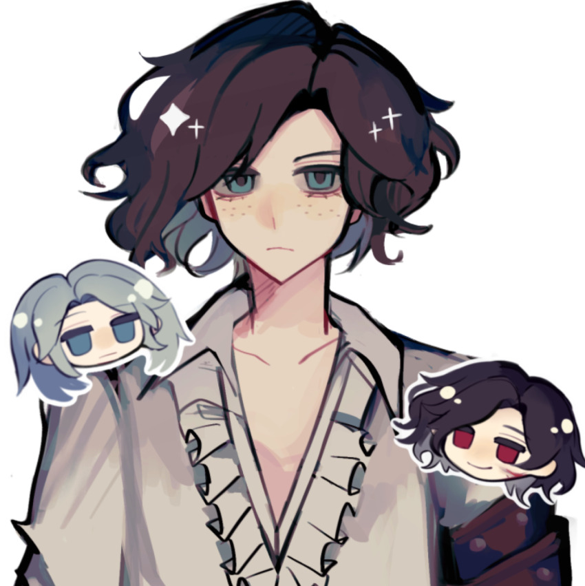 1girl, 2boys, :|, aqua_eyes, black_hair, blood, blood_on_face, blue_eyes