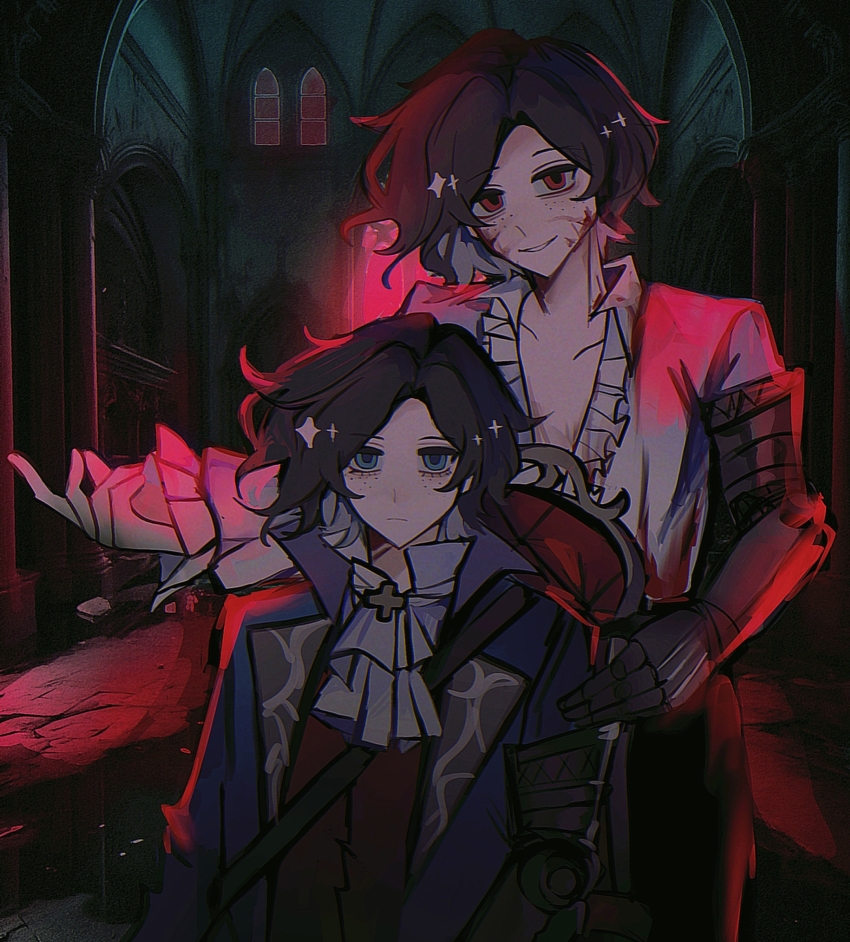 2boys, ascot, black_hair, black_pants, blood, blood_on_clothes, blood_on_face, blue_eyes