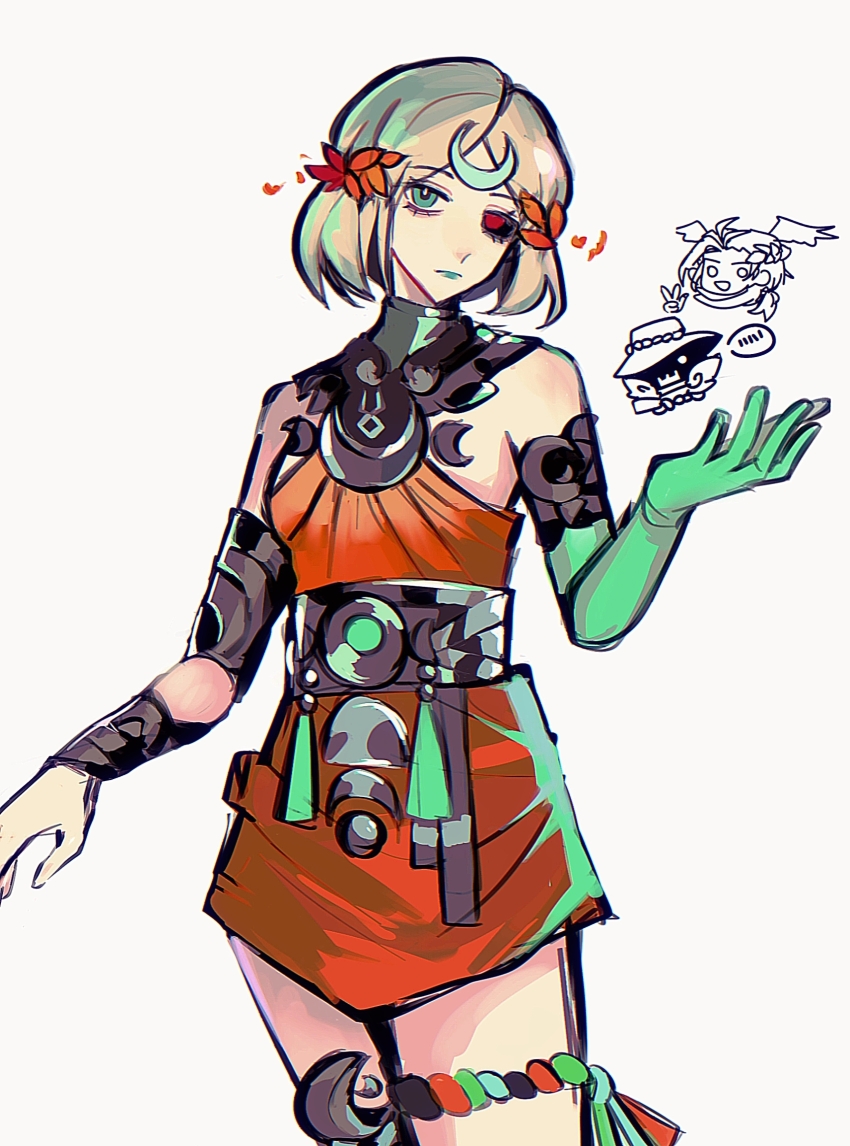 1girl, 2boys, aqua_eyes, aqua_lips, belt, black_belt, black_sclera, blonde_hair