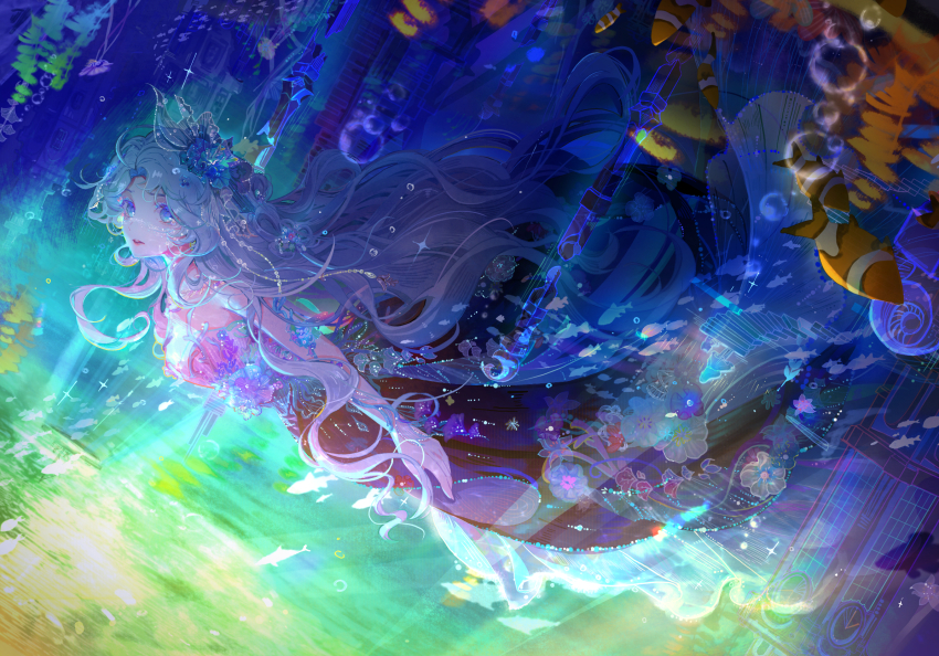 1girl, air_bubble, bare_shoulders, bikini, blue_eyes, blue_flower, breasts, bubble, castle, character_request, chinese_commentary, clownfish, colored_eyelashes, commentary_request, coral, dappled_sunlight, expressionless, feet_out_of_frame, fins, fish, fish_tail, floating_hair, flower, grey_hair, hair_flower, hair_ornament, highres, interruption_(echo-023), jewelry, large_breasts, light_particles, lipstick, long_hair, long_sidelocks, looking_ahead, makeup, mermaid, monster_girl, necklace, nikki_(series), parted_lips, pink_bikini, pink_flower, pink_lips, red_tail, seaweed, shell, shell_bikini, shining_nikki, sidelocks, solo, sparkle, strapless, strapless_bikini, sunlight, swimming, swimsuit, tail, underwater, upper_body, upside-down_background, very_long_hair, wavy_hair
