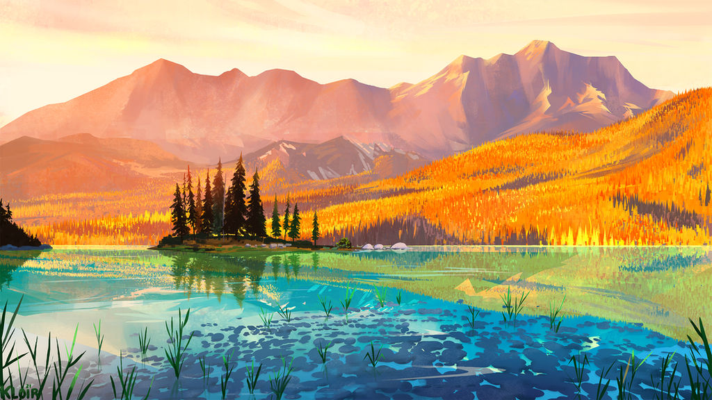 autumn_leaves, commentary, english_commentary, forest, island, kloir, lake, landscape, leaf, mountain, nature, no_humans, original, painterly, pebble, pine_tree, reflection, reflective_liquid, scenery, sky, sunlight, tree, water, yellow_leaves, yellow_sky