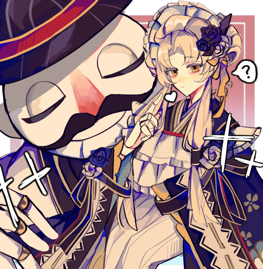 1girl, ?, black_flower, black_rose, bonnet, closed_mouth, commentary, curtained_hair