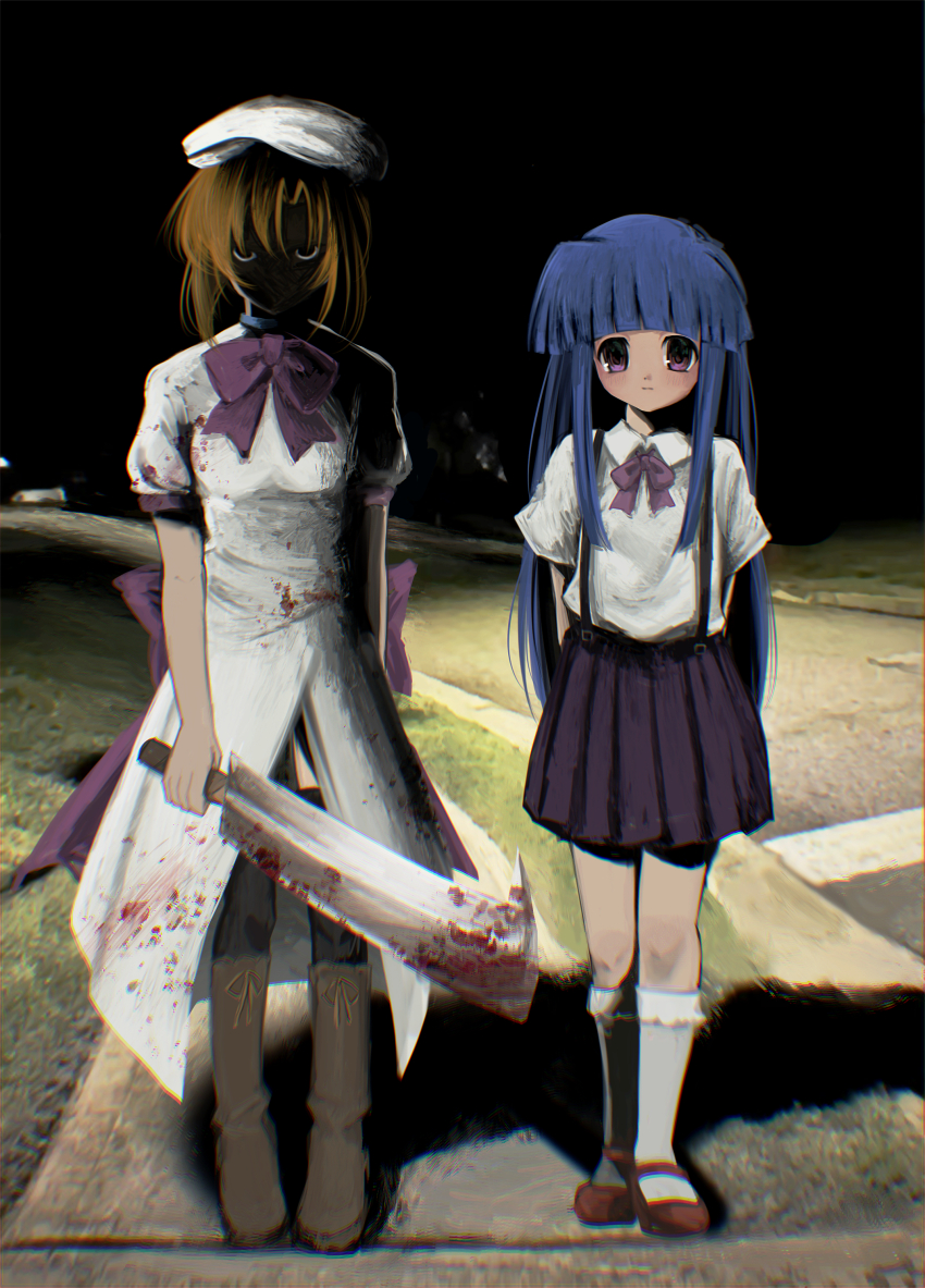 2000s_(style), 2girls, absurdres, arms_behind_back, back_bow, beret, blood, blood_on_clothes, blue_hair, blunt_bangs, boots, bow, bowtie, brown_hair, dress, face_in_shadow, full_body, furude_rika, hashitsuki_nata, hat, highres, higurashi_no_naku_koro_ni, holding, holding_weapon, long_hair, looking_at_viewer, mary_janes, meme, multiple_girls, nata_(tool), nemu_(zutto_oyasu3), outdoors, photo-referenced, pink_bow, pink_bowtie, pleated_skirt, purple_bow, purple_eyes, purple_hair, red_shoes, road, ryuuguu_rena, school_uniform, shoes, short_sleeves, sidewalk, skirt, socks, standing, suspenders, weapon, white_dress, white_socks, why_dis_ninja_look_so_mad_(meme)