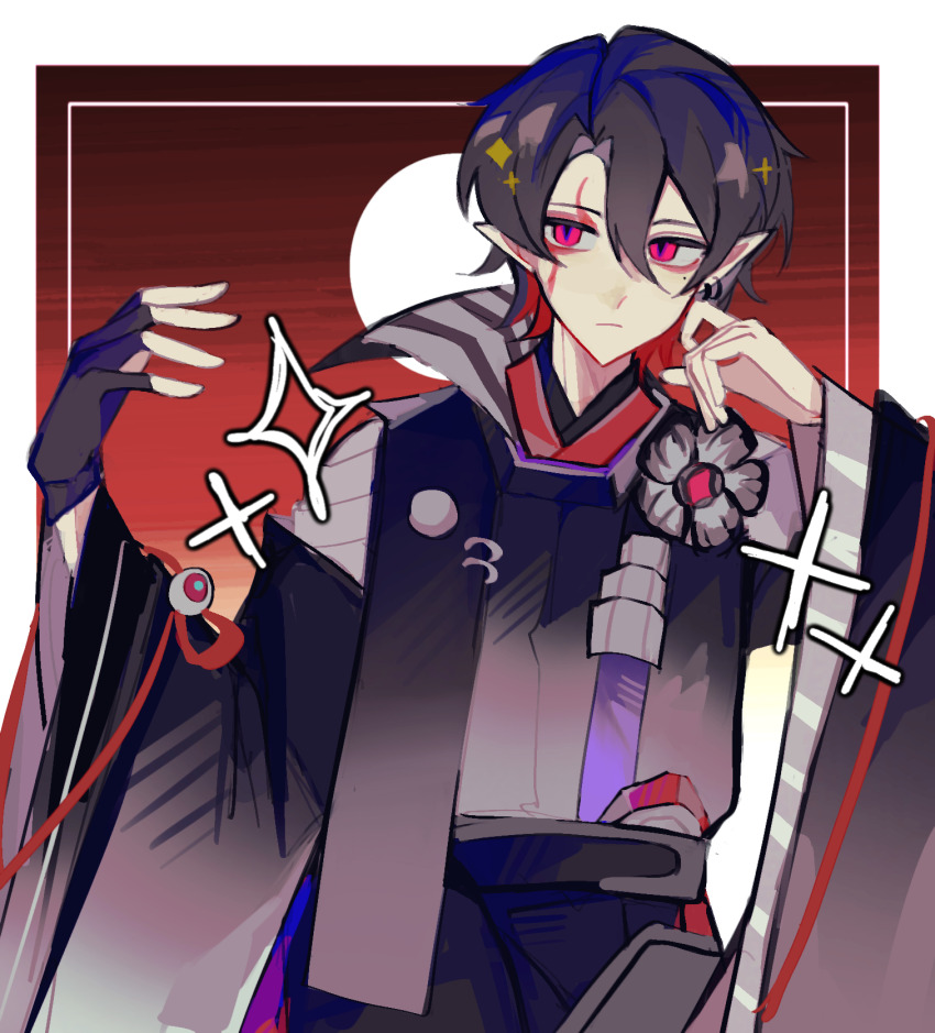 1boy, black_gloves, black_hair, black_sleeves, colored_inner_hair, commentary, cowboy_shot, detached_sleeves