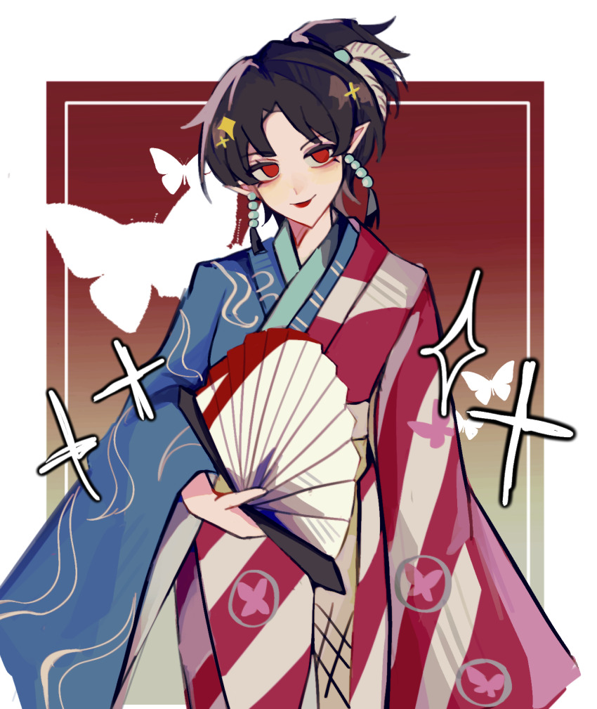 1girl, chinese_commentary, closed_mouth, commentary_request, cowboy_shot, curtained_hair, earrings, folding_fan