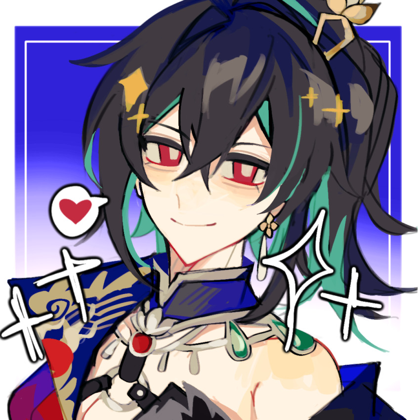 1girl, black_hair, bright_pupils, chinese_commentary, closed_mouth, commentary_request, earrings, green_hair