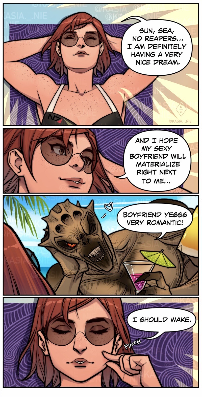 beach, body_freckles, cocktail_glass, commander_shepard, commander_shepard_(female), cup, drinking_glass, english_text