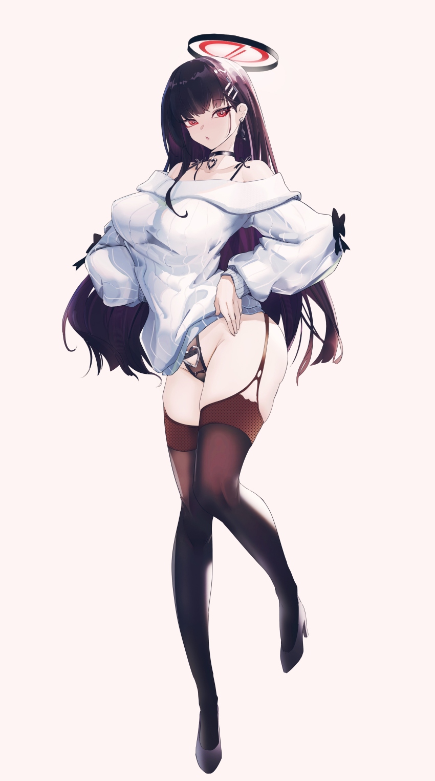 1girl, absurdres, black_choker, black_hair, black_pantyhose, black_thighhighs, blue_archive, blunt_bangs