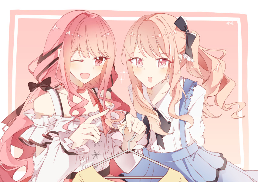 1girl, 1other, absurdres, akiyama_mizuki, arm_cutout, arms_behind_back, bare_shoulders, belt, black_belt, black_bow, black_bowtie, black_ribbon, blue_skirt, border, bow, bow_choker, bowtie, buttons, center_frills, choker, clothes_hanger, clothing_cutout, collarbone, collared_shirt, cowboy_shot, crossover, curious, dot_nose, eyelashes, fingernails, frilled_bow, frilled_shirt, frilled_suspenders, frills, gradient_background, hair_bow, hair_intakes, hair_ribbon, happy, highres, holding, holding_clothes_hanger, infinity_nikki, light_blush, long_hair, long_skirt, long_sleeves, looking_at_another, low_twintails, nikki_(nikki), nikki_(series), one_eye_closed, open_mouth, orange_background, orange_hair, outside_border, pink_background, pink_bow, pink_bowtie, pink_choker, pink_eyes, pink_hair, pink_skirt, pleated_skirt, pointing, pointing_at_another, project_sekai, ribbon, sanlao1207, shirt, shoulder_cutout, side_ponytail, signature, single_stripe, skirt, smile, snowflakes, sparkle, standing, striped_bow, striped_bowtie, striped_choker, striped_clothes, suspender_skirt, suspenders, tress_ribbon, twintails, unworn_shirt, very_long_hair, white_border, white_shirt, yellow_shirt