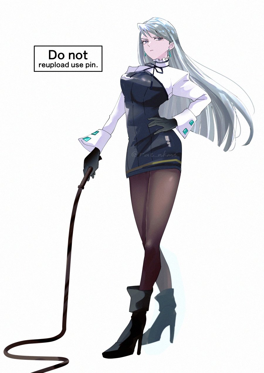 1girl, ace_attorney, alternate_hair_length, alternate_hairstyle, black_gloves, black_shoes, closed_mouth, earrings, franziska_von_karma, full_body, gloves, grey_hair, hand_on_own_hip, high_heels, highres, holding, holding_whip, jewelry, long_hair, long_sleeves, mole, mole_under_eye, pantyhose, rat_nkmi, shoes, solo, twitter_username, whip, white_background
