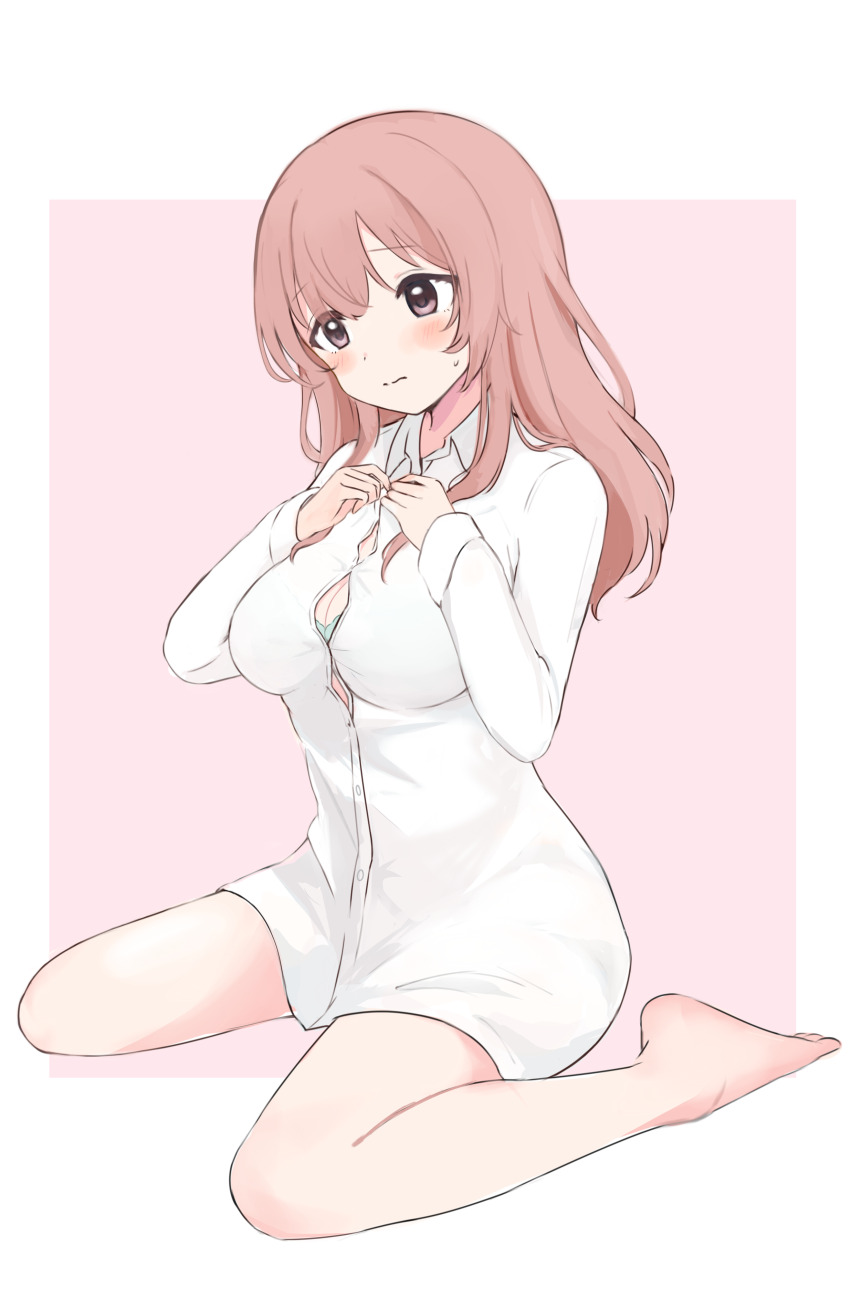 1girl, absurdres, barefoot, blush, border, bra, bra_peek, breasts