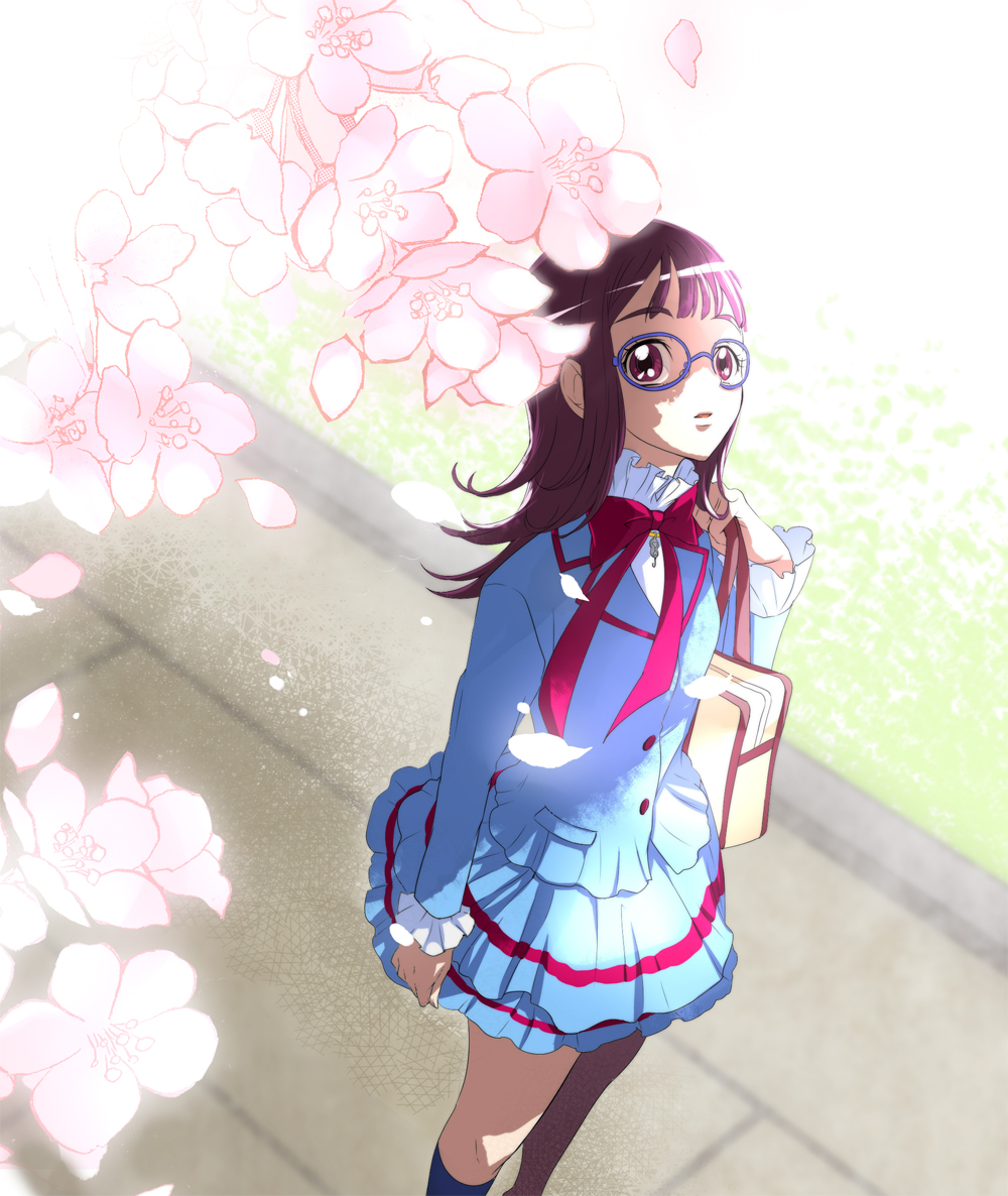 10s, 1girl, bag, blue-framed_eyewear, blue_shirt, brown_eyes, brown_hair, cherry_blossoms