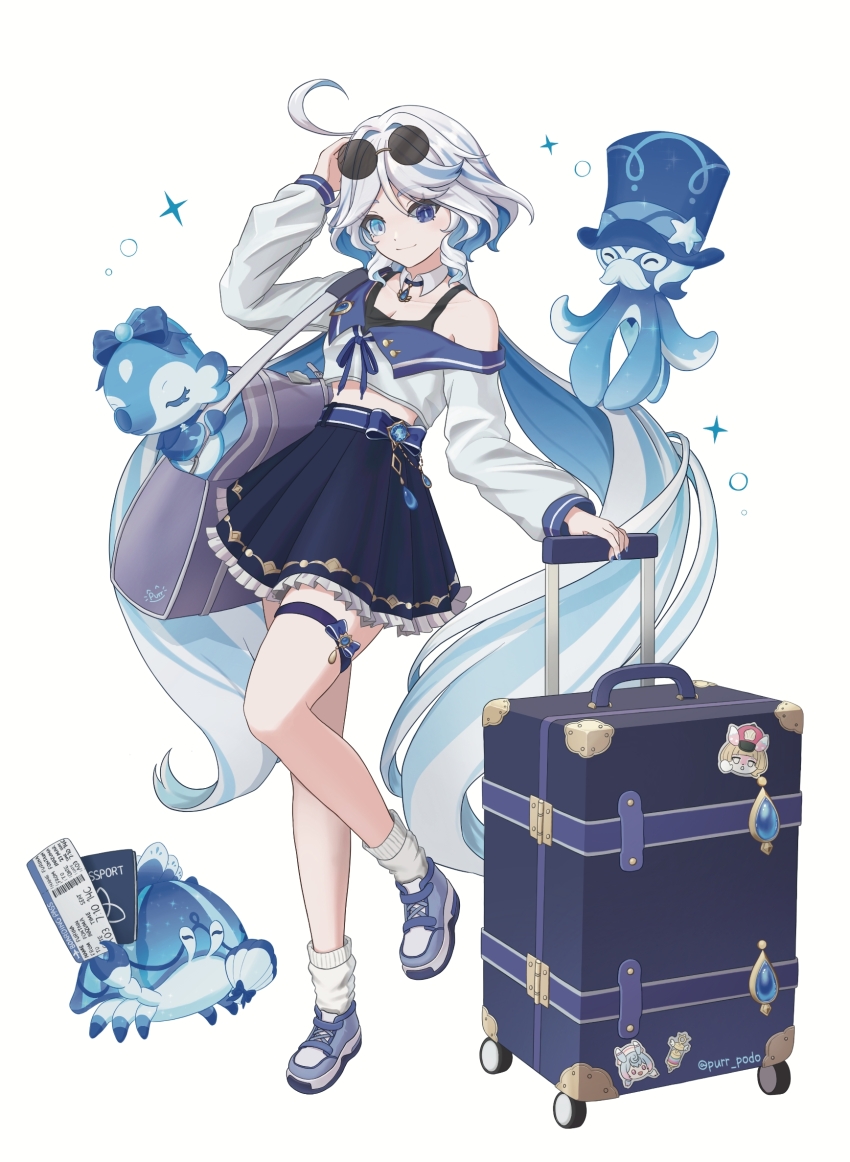 1girl, ahoge, alternate_costume, bag, blue_eyes, blue_skirt, bow, collar