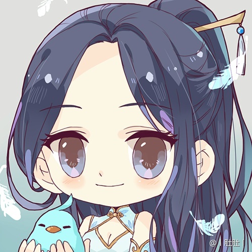 1girl, animal, artist_name, bare_shoulders, bird, black_hair, blue_background, blue_bird, blue_sleeves, breasts, chibi, china_dress, chinese_clothes, chinese_commentary, cleavage, cleavage_cutout, closed_mouth, clothing_cutout, collared_dress, commentary_request, detached_sleeves, dress, dudu_(weibo_1676559025), eyelashes, feather_print, feathers, gradient_background, grey_background, grey_eyes, hair_ornament, hairpin, happy, high_collar, holding, holding_animal, holding_bird, light_blush, long_hair, long_sleeves, looking_at_viewer, lowres, lunar_(miracle_nikki), miracle_nikki, nikki_(series), parrot, parted_bangs, ponytail, simple_background, sleeveless, sleeveless_dress, smile, solo, tassel, upper_body, very_long_hair, watermark