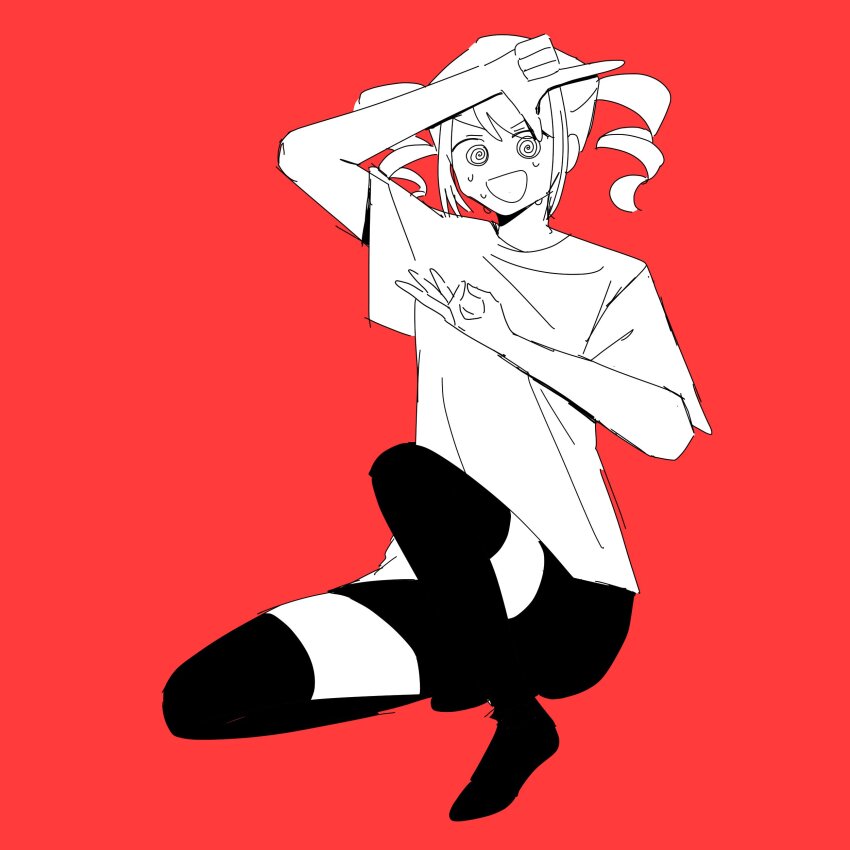 1girl, @_@, absurdres, black_shorts, black_thighhighs, drill_hair, greyscale_with_colored_background, hair_between_eyes