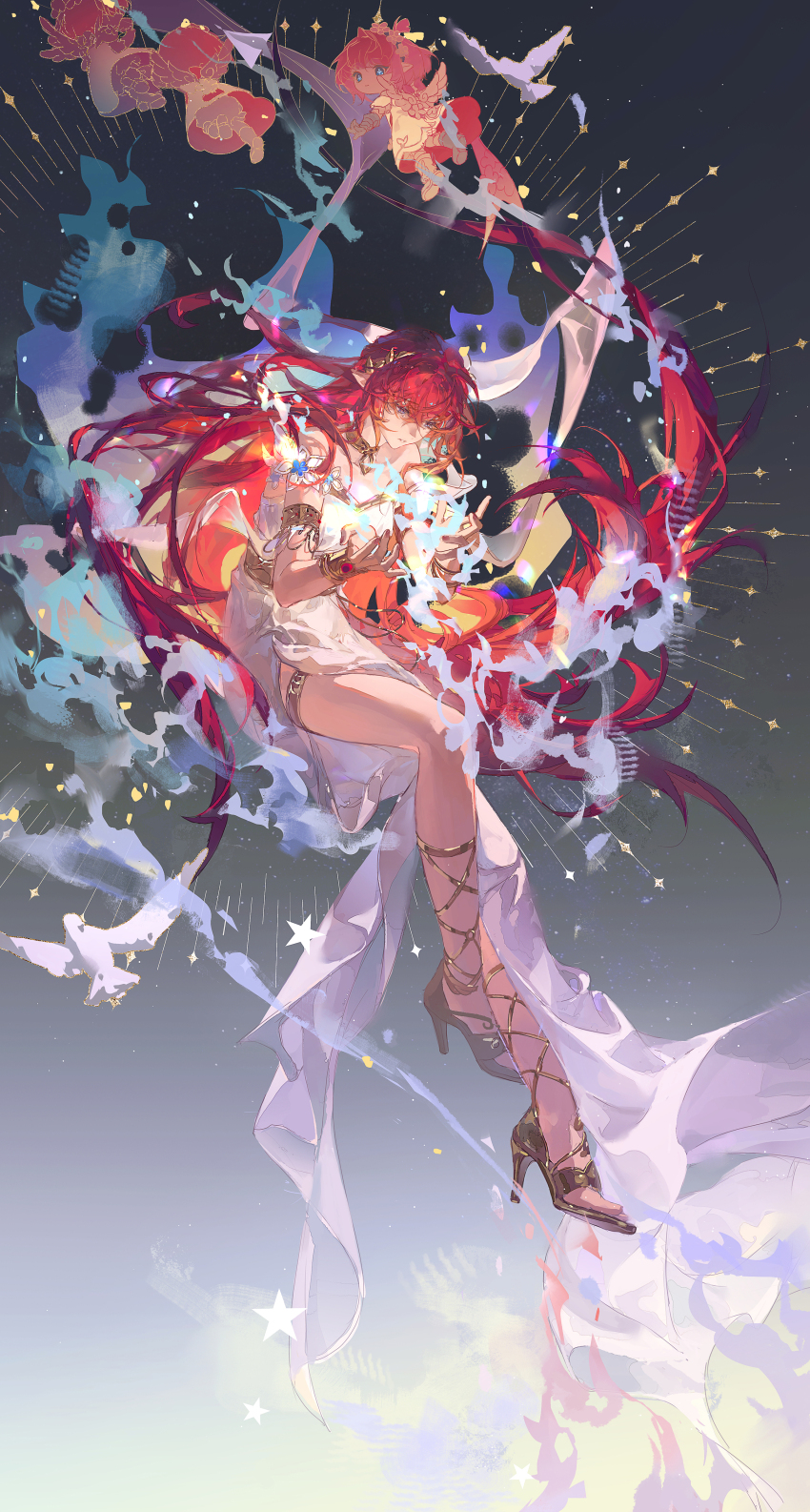 4girls, absurdres, ancient_greek_clothes, armlet, bare_legs, bird, black_background, blue_eyes