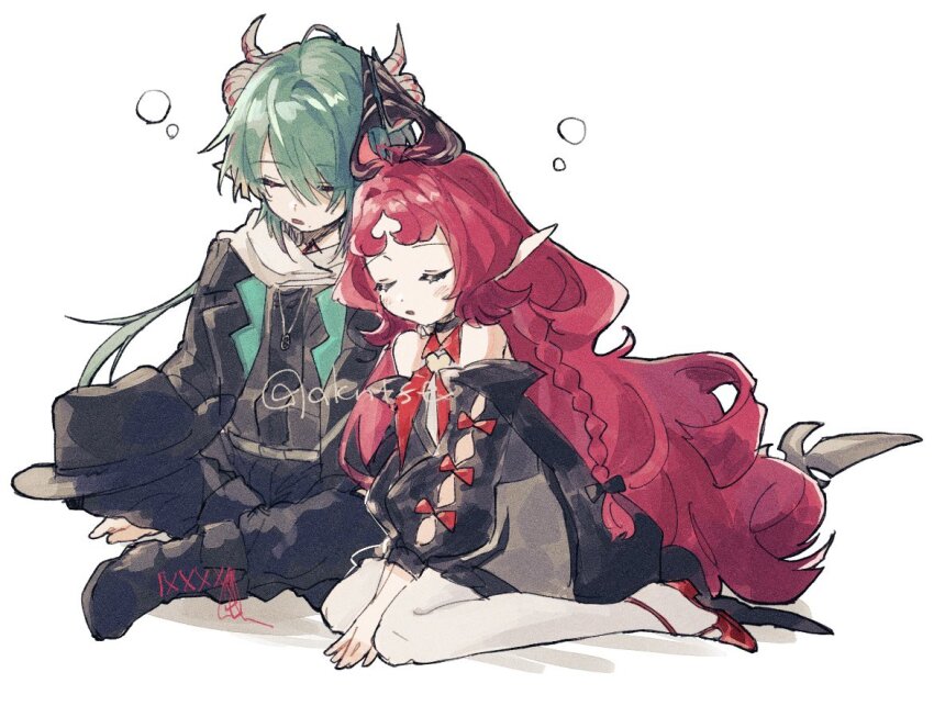 1boy, 1girl, arknights, arm_support, black_dress, black_hat, black_necktie, black_pants