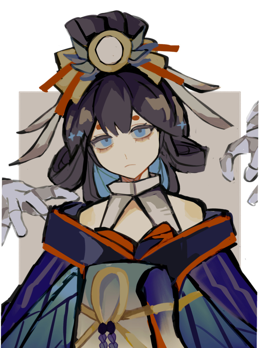 1girl, bare_shoulders, black_hair, blue_eyes, blue_hair, braid, braided_hair_rings, cleavage_cutout