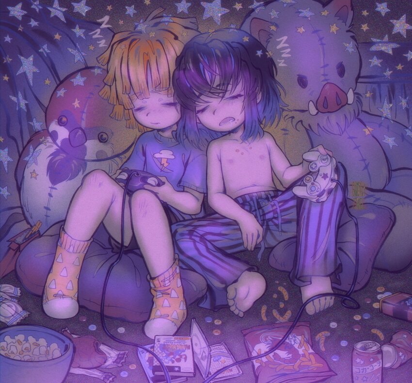 2boys, absurdres, agatsuma_zenitsu, aged_down, blonde_hair, blunt_ends, child, closed_eyes