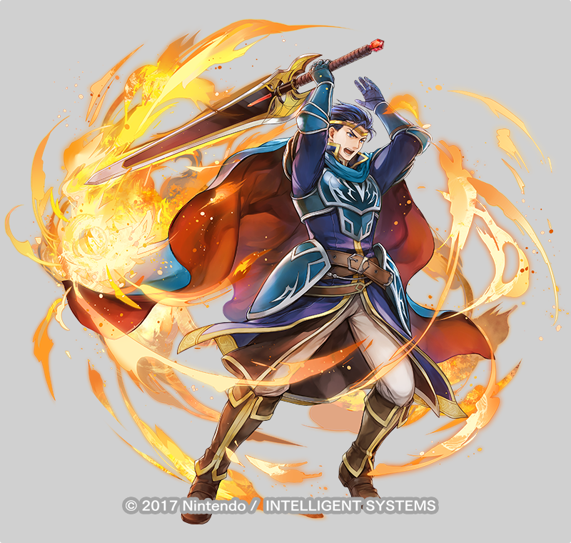 1boy, armor, attack, belt, blue_armor, blue_cape, blue_eyes, blue_hair, boots, cape, circlet, copyright_notice, cosplay, eliwood_(fire_emblem), eliwood_(fire_emblem)_(cosplay), fire, fire_emblem, fire_emblem:_the_blazing_blade, fire_emblem_heroes, gauntlets, greatsword, grey_background, hair_slicked_back, hector_(fire_emblem), hector_(steel_warrior)_(fire_emblem), holding, holding_sword, holding_weapon, male_focus, multicolored_cape, nintendo, official_alternate_costume, official_art, open_mouth, raise_sword, red_cape, solo, sword, transparent_background, v-shaped_eyebrows, wada_sachiko, weapon