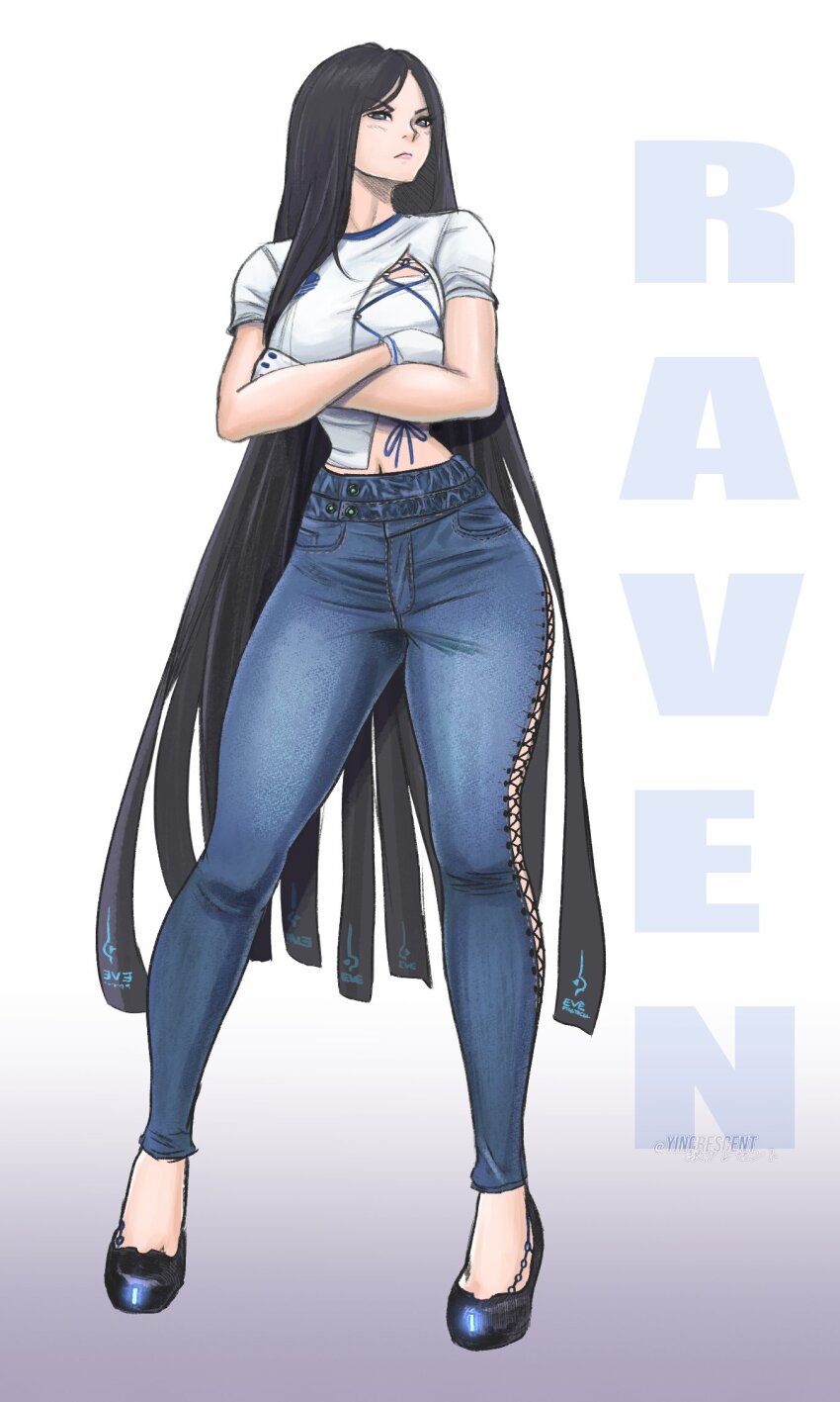 1girl, black_hair, black_shoes, blue_pants, breasts, character_name, crossed_arms, gloves