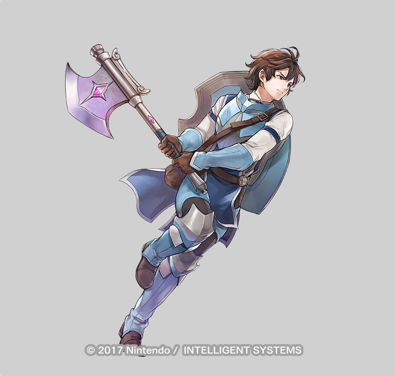 1boy, aged_down, attack, axe, brown_eyes, brown_gloves, brown_hair, copyright_notice