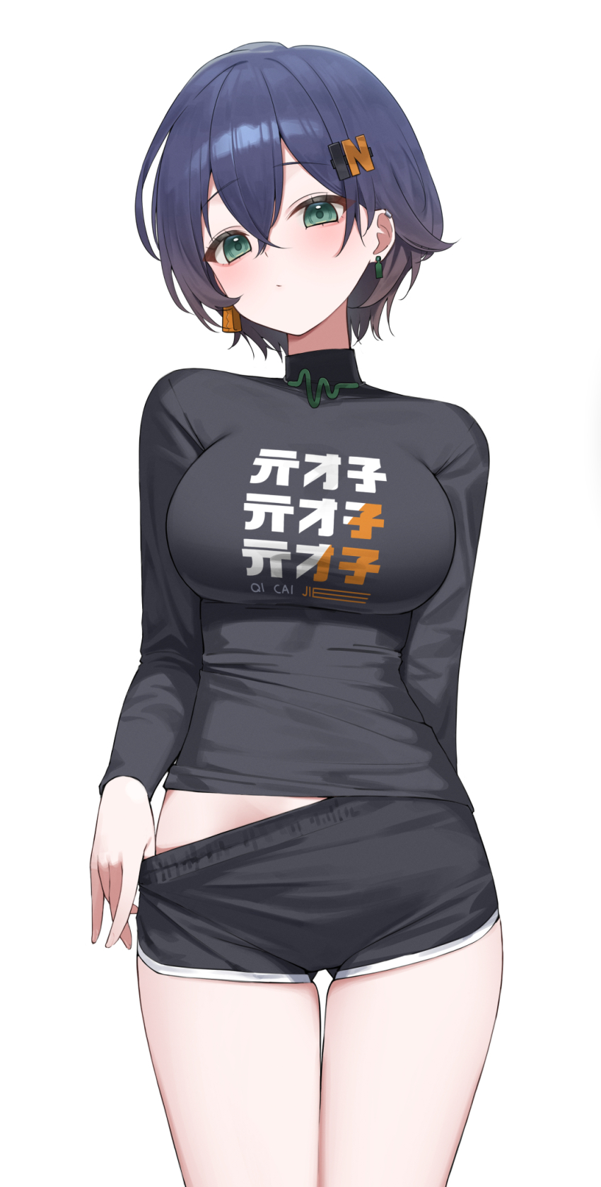 1girl, belle_(zenless_zone_zero), black_shirt, black_shorts, blue_hair, breasts, closed_mouth, clothes_pull, cowboy_shot, earrings, green_eyes, hair_between_eyes, hair_ornament, highres, jewelry, large_breasts, long_sleeves, n4_h4m, pulling_own_clothes, shirt, short_hair, shorts, shorts_pull, simple_background, solo, thighs, tight_clothes, tight_shirt, white_background, zenless_zone_zero