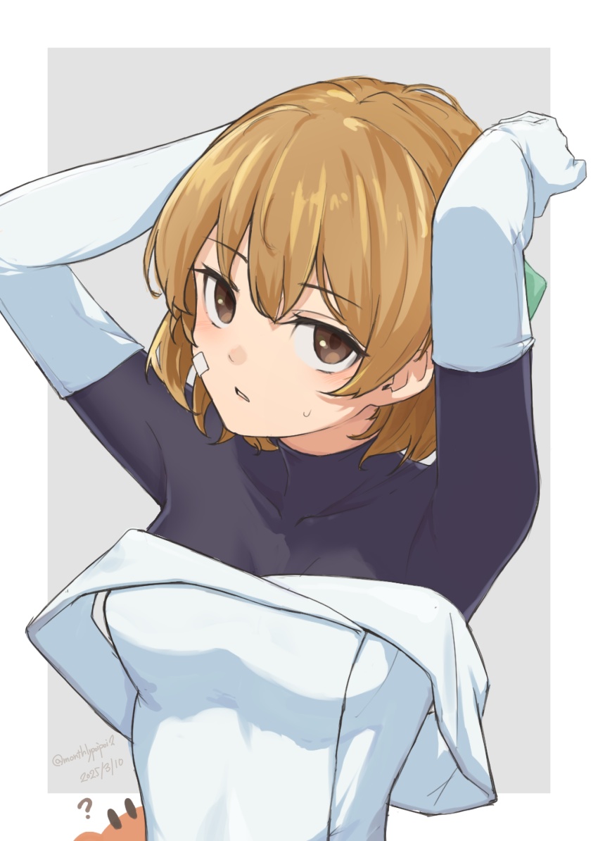 1girl, ?, absurdres, arms_behind_head, arms_up, bandaid, bandaid_on_cheek, bandaid_on_face