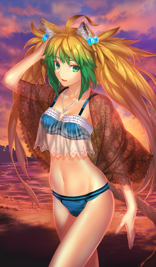 1girl, ahoge, animal_ears, atalanta_(fate), atalanta_(twilight_memory)_(fate), bare_legs, beach, bikini, blonde_hair, blue_bikini, breasts, chaldea_summer_memory, cloud, cloudy_sky, commentary, cowboy_shot, fate/grand_order, fate_(series), gradient_hair, green_eyes, green_hair, hair_bobbles, hair_ornament, hand_on_own_head, long_hair, midriff, multicolored_hair, navel, nekotawawa, official_art, outdoors, see-through_clothes, see-through_shawl, shawl, sidelocks, sky, small_breasts, smile, solo, standing, sunset, swimsuit, tail, third-party_source, twintails, very_long_hair