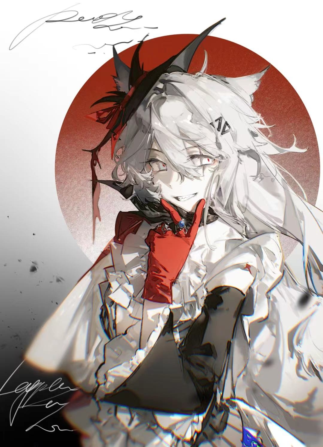 1girl, animal_ears, arknights, chinese_commentary, chromatic_aberration, commentary_request, frilled_sleeves, frills, gloves, grin, hair_between_eyes, hair_ornament, hairclip, hand_on_own_chin, hewu639356, highres, lappland_(arknights), long_hair, long_sleeves, red_gloves, red_pupils, scar, scar_across_eye, scar_on_face, smile, solo, teeth, upper_body, white_eyes, white_hair, wolf_ears, wolf_girl